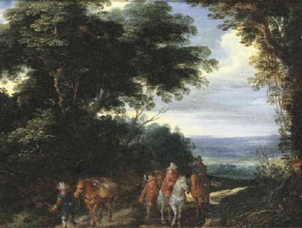 A Wooded Landscape With Travellers And Horses On A Path - view 1