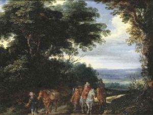 A Wooded Landscape With Travellers And Horses On A Path