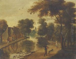 A River Landscape With Cottages And Peasants by Jacques Fouquieres