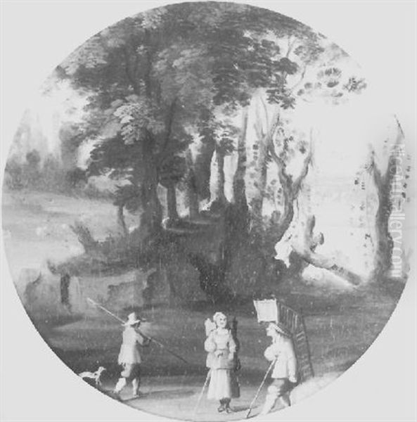 A Wooded River Landscape With Travellers Conversing On A Path In The Foreground - view 1