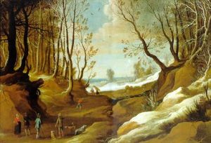 Grose Winterlandschaft Mit Bauern, Jagern Und Holzsammlern by Jacques Fouquieres