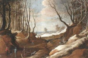 A Winter Landscape With Faggot Gatherers And Travellers On A Path by Jacques Fouquieres