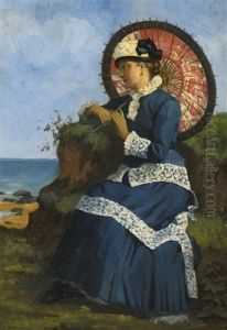 An Elegant Lady By The Shore With A Pink Parasol by Albert Auguste Fourie