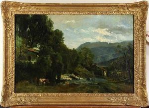 Pastoral Farm Scene With Figures And Livestock by Theodore Fourmois
