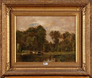 Vachere Et Son Troupeau Au Bord De L'etang by Theodore Fourmois