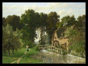 Landschaft Mit Wassermuhle Am Bachlauf Unter Baumen, Mit Jungen Madchen Mit Waschekorb Uber Den Schultern by Theodore Fourmois