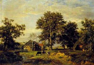 A Peasant Woman And Cows Near A Farm by Theodore Fourmois