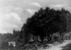 Chemin Arbore Avec Personnages Et Moutons