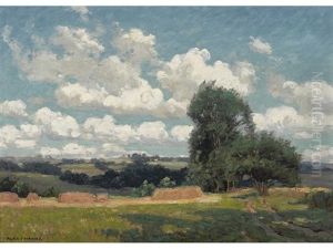 Haystacks And Trees Under Scattered Clouds by Alexis Fournier