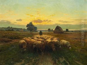 A Herd Of Sheep At Sunset by Alexis Fournier