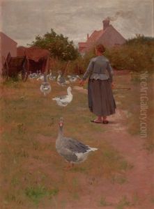 French Woman Feeding Her Geese by Alexis Fournier