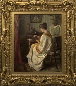 An Interior With A Lady Seated At Her Desk by Alfred Victor Fournier
