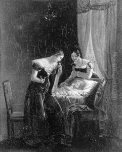 Jeune Femme Au Pied Du Berceau D'un Nouveau-ne by Charles Fournier