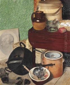 An Earthenware Jug, Glass Bowl, A Basket Of Eggs And A Wooden Case On A Table, With An Iron Pan, Kitchen Utensils And A Wicker Basket, Sandals And A Bust Relief In An Interior