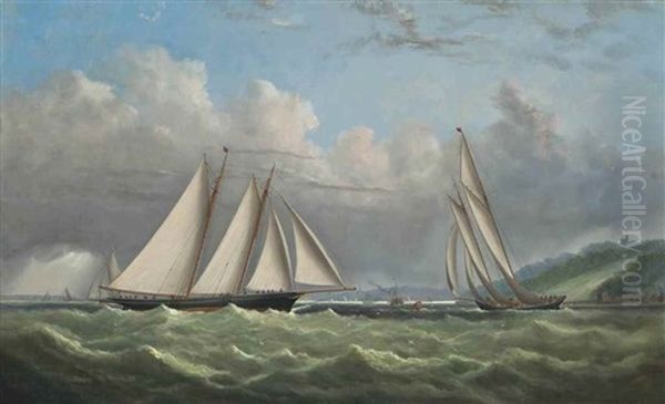 Racing Schooners Rounding The Turning Mark In Osborne Bay With Norris Castle Above And Ryde Beyond: The Prince Of Wales's Hildegarde Rounding The Mark In Second Place - view 1