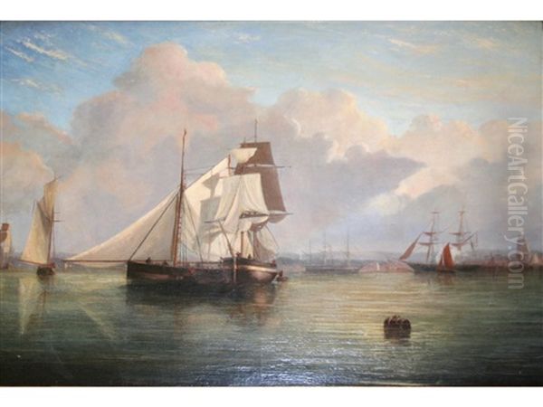 Fishing Boats And Other Vessels In Calm Waters Off A Harbour - view 1