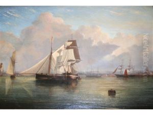 Fishing Boats And Other Vessels In Calm Waters Off A Harbour by Arthur Wellington Fowles