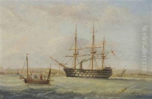H.m.s. Duke Of Wellington Off The Entrance To Portsmouth Harbour (+ A Paddle Steamer Riding Out A Gale; Pair)