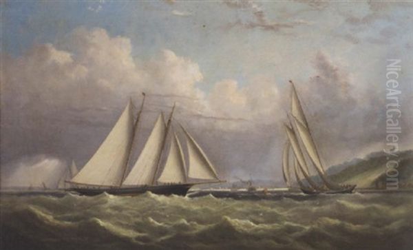 Racing Schooners Rounding The Turning Mark In Osborne Bay With Norris Castle Above And Ryde Beyond: The Prince Of Wales's "hildegarde" In Second Place - view 1