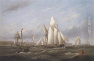 Vying For The Start, A Melee Of Big Cutters In Osborne Bay, With The Royal Yacht "alberta" Heading For The Pier Below Osborne House