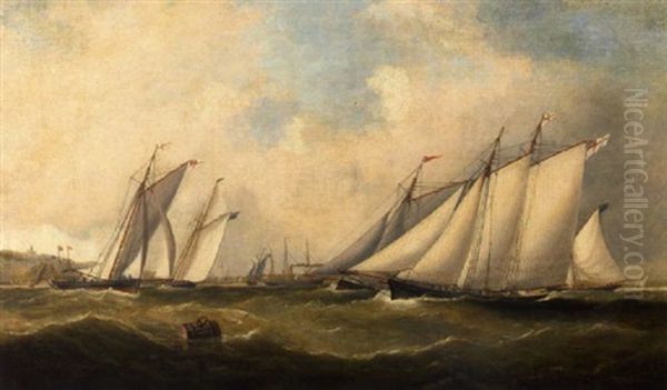 Yachts Racing For The Mark At Cowes Regatta With A Two-masted Schooner Just Ahead Of The Pack - view 1