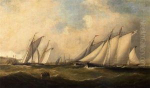 Yachts Racing For The Mark At Cowes Regatta With A Two-masted Schooner Just Ahead Of The Pack by Arthur Wellington Fowles