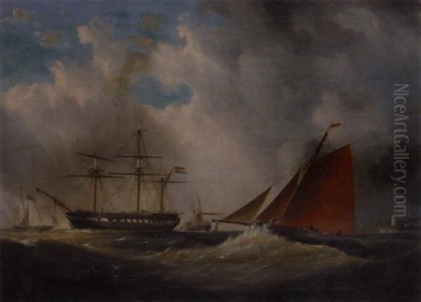 A Cutter And Man O' War In A Harbour Entrance - view 1