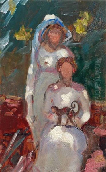 Two Ladies And A Monkey Under Dappled Light - view 1