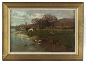 Horses Grazing By The River by Henry Charles Fox