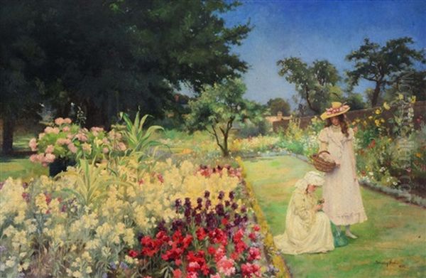 Two Young Girls In A Walled Flower Garden - view 1