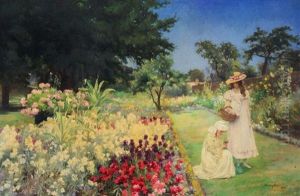 Two Young Girls In A Walled Flower Garden by John Shirley Fox