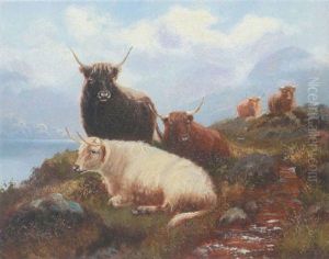 Schottische Hochlandrinder An Einem Bergsee by John Shirley Fox