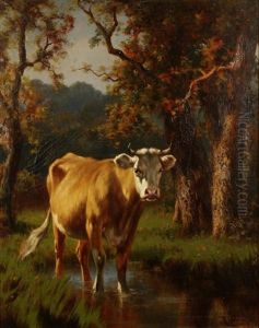 A Study Of A Cow Wading In A Woodland Stream by Robert Atkinson Fox