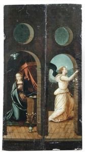 A Skull Placed On Top Of A Chest Over An Inscription (recto); Annunciate Angel On One Side And The Kneeling Virgin Within The Other... (opened Panels) by Fra Bartolommeo della Porta