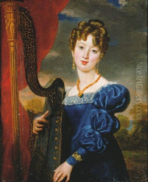 Portrait Of A Lady, In A Blue Dress Playing The Harp, A Landscape Beyond - view 1