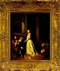 Interior Scene Depicting A Shakespearean Man Reciting Poetry To A Lady