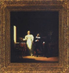 Interior Scene Depicting A Shakespearian Man Reciting Poetry To A Lady by Henri Jean Baptiste Fradelle