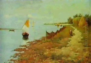 Boats On The Venetian Lagoon by Pietro Fragiacomo