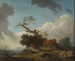 A Shepherd And Herdsman Seated On A Rock With Cows And Sheep, A Landscape Beyond by Jean-Honore Fragonard