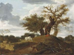 A Wooded Landscape With Figures At The Edge Of A Pond by Jean-Honore Fragonard