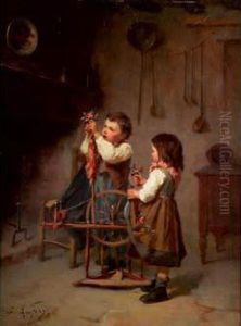 Enfants Jouant Avec Un Rouet by Joseph-Athanase Aufray