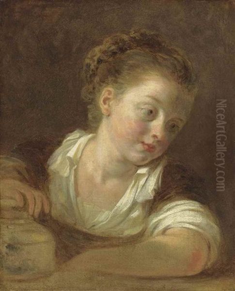 A Girl In A White Blouse And Brown Dress, Leaning On A Ledge, Her Right Hand Resting On A Jar - view 1