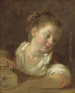 A Girl In A White Blouse And Brown Dress, Leaning On A Ledge, Her Right Hand Resting On A Jar by Jean-Honore Fragonard