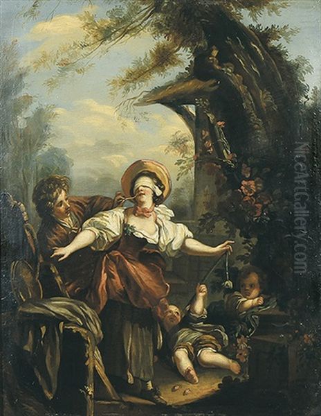 Colin Maillard. Junges Paar Beim Blindekuh Spielen. Seitenverkehrte Kopie Nach Dem Gleichnamigen Entstandenen Gemalde Von Fragonard - view 1