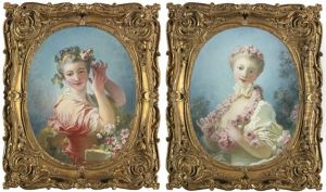A Young Woman Adorning Her Powdered Coiffure With A Spray Of Roses And A Young Blonde Woman With A Garland Of Roses Around Her Neck (pair) by Jean-Honore Fragonard
