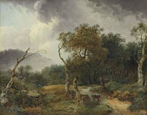 A Wooded Landscape With Milkmaids And Their Cattle Sheltering From A Shower by Jean-Honore Fragonard