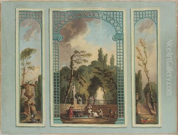 A Tromp L'oeil Showing Figures By A Fountain - view 1