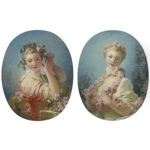 A Young Blonde Woman With A Garland Of Roses Around Her Neck (+ A Young Woman Adorning Her Powdered Coiffure With A Spray Of Roses; Pair) by Jean-Honore Fragonard