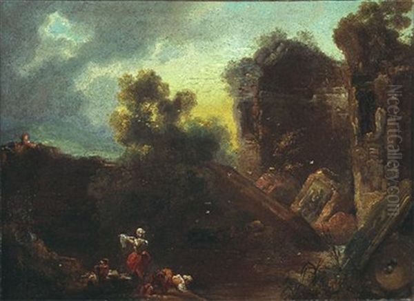 Paysage De Ruines Avec Des Lavandieres - view 1
