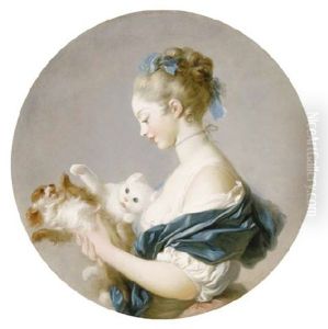 Girl Playing With A Dog And A Cat (marie-madeleine Colombe?) by Jean-Honore Fragonard